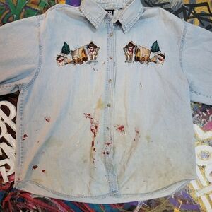 Vintage 80s Quizz New York distressed denim long sleeve embroidered western cat